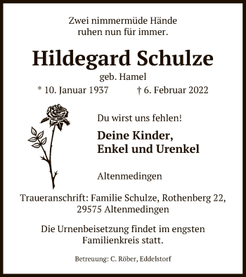 Traueranzeige von Hildegard Schulze von UEL