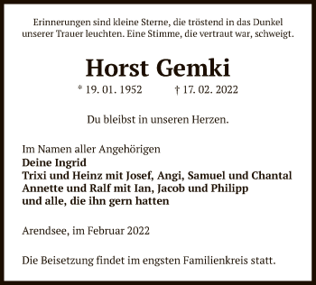 Traueranzeige von Horst Gemki von UEL