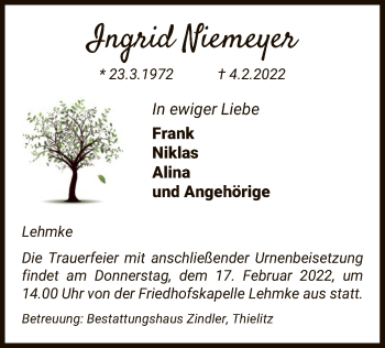 Traueranzeige von Ingrid Niemeyer von UEL