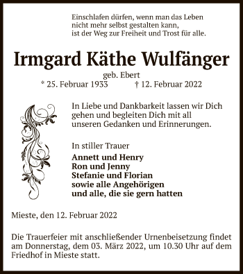 Traueranzeige von Irmgard Käthe Wulfänger von UEL