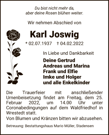 Traueranzeige von Karl Joswig von UEL