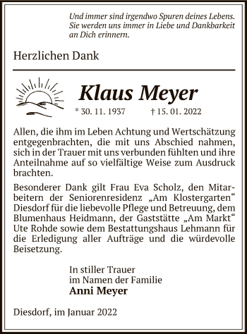 Traueranzeige von Klaus Meyer von UEL