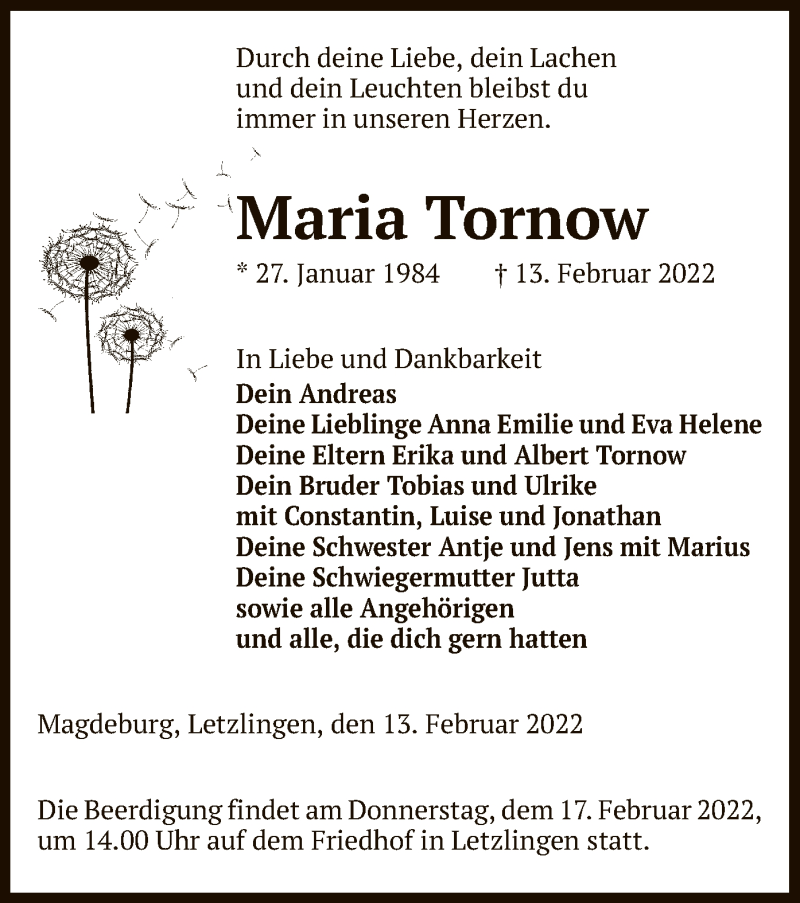  Traueranzeige für Maria Tornow vom 16.02.2022 aus UEL