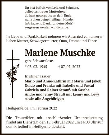 Traueranzeige von Marlene Muschke von UEL