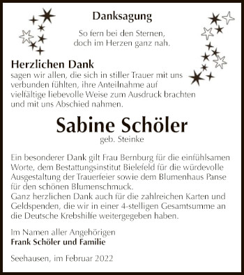 Traueranzeige von Sabine Schöler von UEL