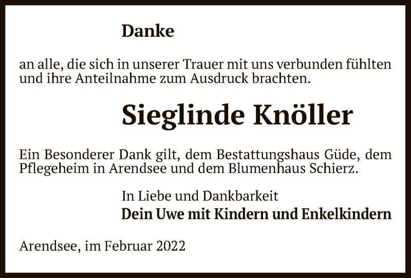  Traueranzeige für Sieglinde Knöller vom 03.02.2022 aus UEL