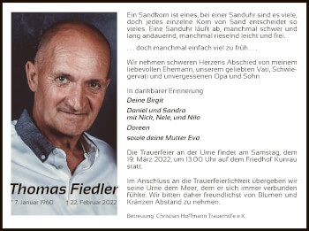 Traueranzeige von Thomas Fiedler von UEL