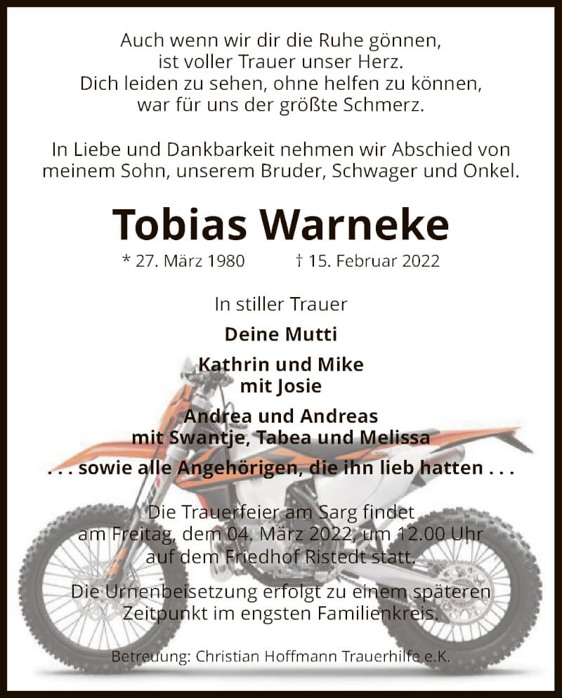  Traueranzeige für Tobias Warneke vom 26.02.2022 aus UEL