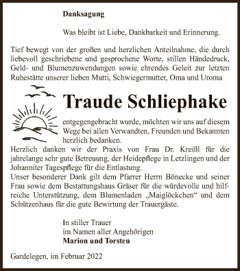 Traueranzeige von Traude Schliephake von UEL