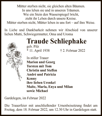 Traueranzeige von Traude Schliephake von UEL