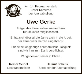 Traueranzeige von Uwe Gerke von UEL