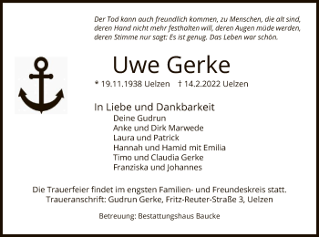 Traueranzeige von Uwe Gerke von UEL