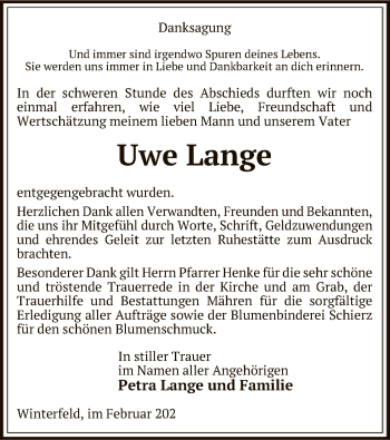 Traueranzeige von Uwe Lange von UEL