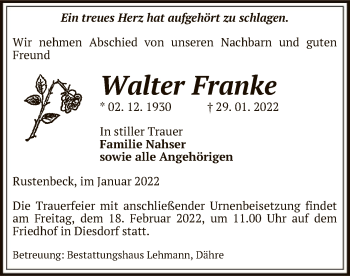 Traueranzeige von Walter Franke von UEL