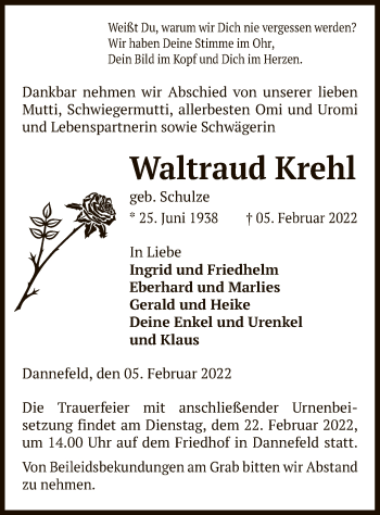 Traueranzeige von Waltraud Krehl von UEL