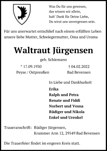 Traueranzeige von Waltraut Jürgensen von UEL