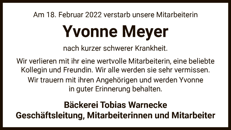  Traueranzeige für Yvonne Meyer vom 25.02.2022 aus UEL