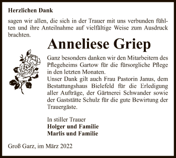 Traueranzeige von Anneliese Griep von UEL