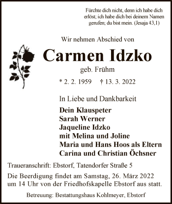 Traueranzeige von Carmen Idzko von UEL