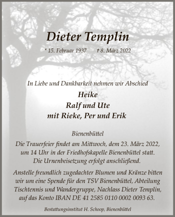 Traueranzeige von Dieter Templin von UEL