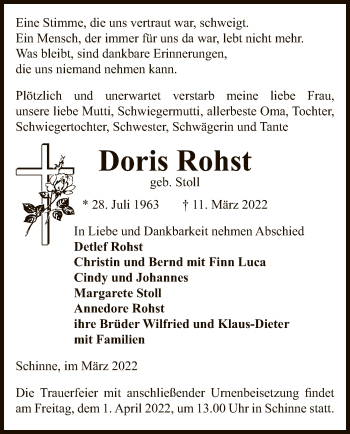 Traueranzeige von Doris Rohst von UEL