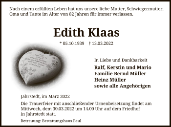 Traueranzeige von Edith Klaas von UEL