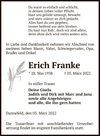 Traueranzeige von Erich Franke von UEL