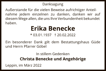 Traueranzeige von Erika Benecke von UEL