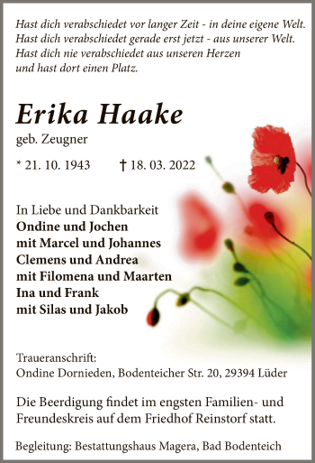 Traueranzeige von Erika Haake von UEL