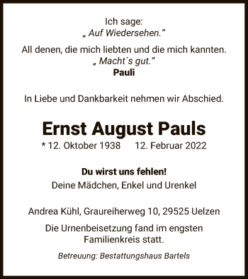 Traueranzeige von Ernst August Pauls von UEL