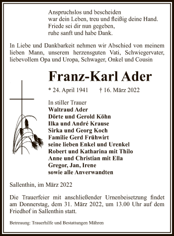 Traueranzeige von Franz-Karl Ader von UEL