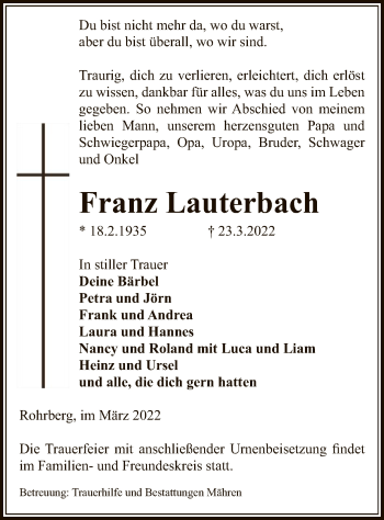 Traueranzeige von Franz Lauterbach von UEL