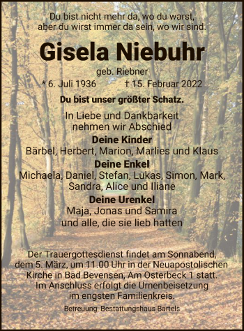 Traueranzeige von Gisela Niebuhr von UEL