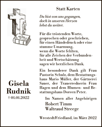 Traueranzeige von Gisela Rudnik von UEL