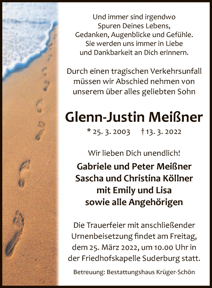  Traueranzeige für Glenn-Justin Meißner vom 19.03.2022 aus UEL