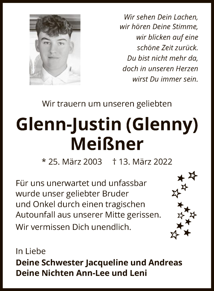  Traueranzeige für Glenn-Justin Meißner vom 19.03.2022 aus UEL
