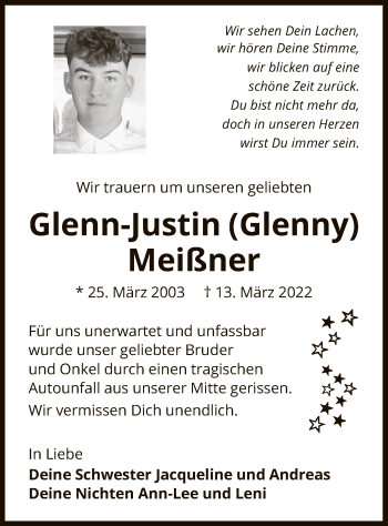 Traueranzeige von Glenn-Justin Meißner von UEL