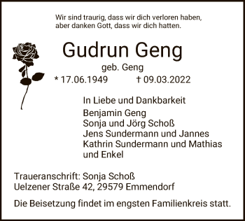 Traueranzeige von Gudrun Geng von UEL