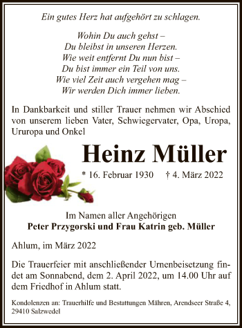 Traueranzeige von Heinz Müller von UEL