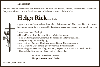 Traueranzeige von Helga Riek von UEL
