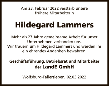 Traueranzeige von Hildegard Lammers von UEL