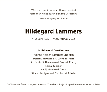 Traueranzeige von Hildegard Lammers von UEL