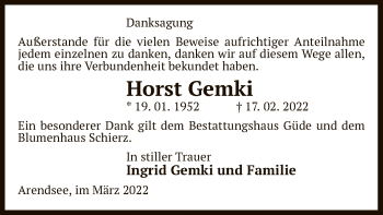 Traueranzeige von Horst Gemki von UEL