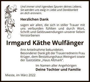 Traueranzeige von Irmgard Käthe Wulfänger von UEL