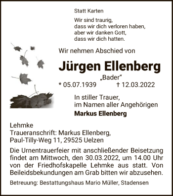 Traueranzeige von Jürgen Ellenberg von UEL