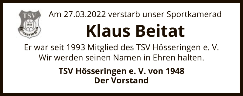  Traueranzeige für Klaus Beitat vom 31.03.2022 aus UEL