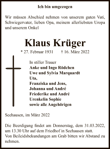 Traueranzeige von Klaus Krüger von UEL