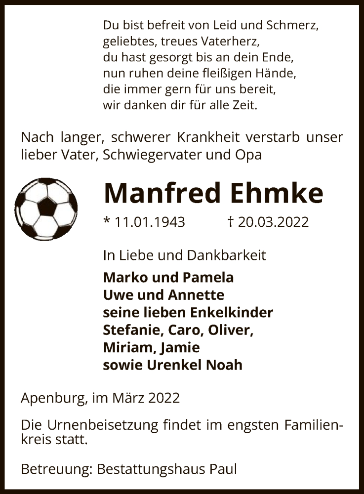  Traueranzeige für Manfred Ehmke vom 24.03.2022 aus UEL