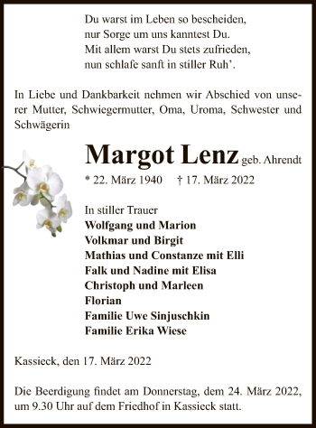 Traueranzeige von Margot Lenz von UEL