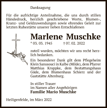 Traueranzeige von Marlene Muschke von UEL